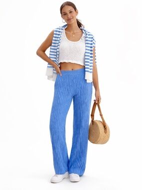 MOUSSY Flare Pants | Sweater Knit Wide Ribbed | Coastal in Bright Blue Size S‎